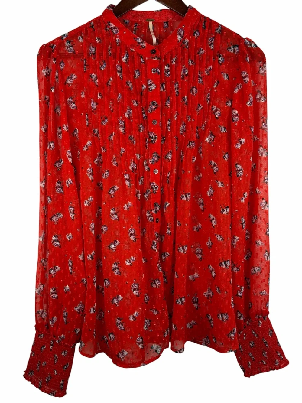 Free People | Orange Red Flowers In December Pintuck Button Sheer Blouse